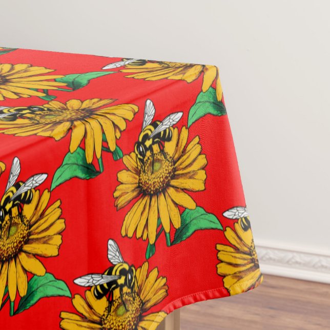 Bee on Sunflower Flower Pattern Design Red  Tablecloth (Creator Uploaded)