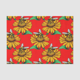 Bee on Sunflower Flower Pattern Design Red Tissue Paper