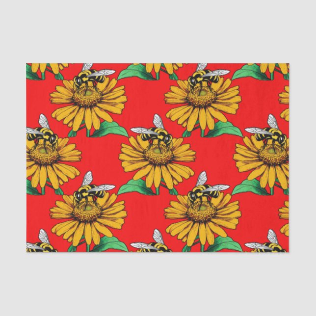 Bee on Sunflower Flower Pattern Design Red  Tissue Paper (Front)
