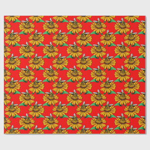 Bee on Sunflower Flower Pattern Design Red Wrapping Paper