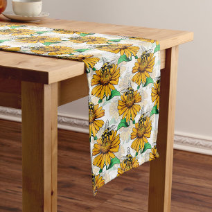 Bee on Sunflower Flower Pattern Design Short Table Runner
