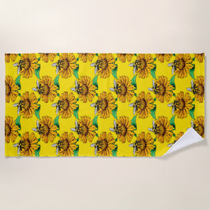 Bee on Sunflower Flower Pattern Design Yellow Beach Towel