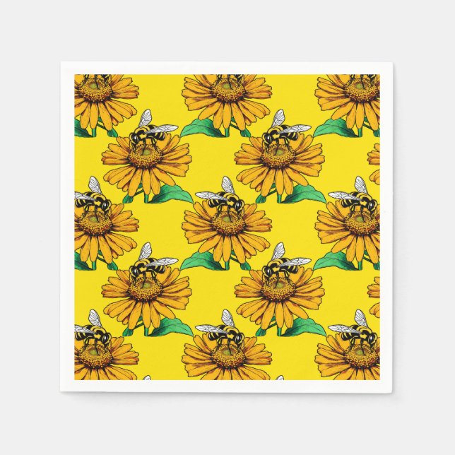 Bee on Sunflower Flower Pattern Design Yellow  Napkin (Front)