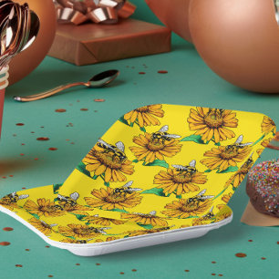 Bee on Sunflower Flower Pattern Design Yellow  Paper Plate