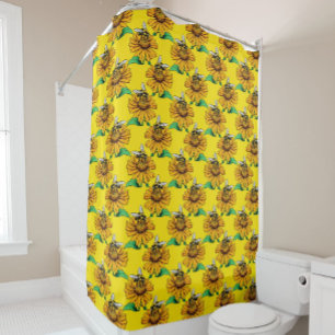 Bee on Sunflower Flower Pattern Design Yellow Shower Curtain