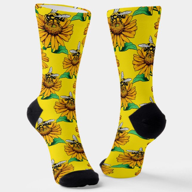 Bee on Sunflower Flower Pattern Design Yellow  Socks (Creator Uploaded)