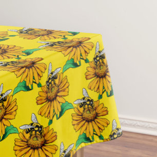 Bee on Sunflower Flower Pattern Design Yellow Tablecloth