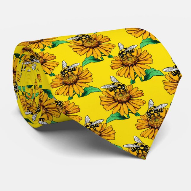 Bee on Sunflower Flower Pattern Design Yellow  Tie (Creator Uploaded)