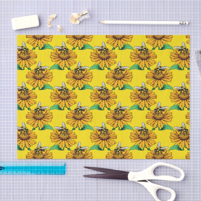 Bee on Sunflower Flower Pattern Design Yellow  Tissue Paper (Creator Uploaded)