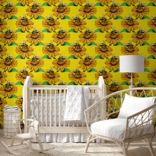 Bee on Sunflower Flower Pattern Design Yellow  Wallpaper