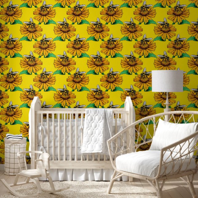 Bee on Sunflower Flower Pattern Design Yellow  Wallpaper (Creator Uploaded)