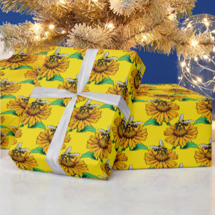 Bee on Sunflower Flower Pattern Design Yellow Wrapping Paper