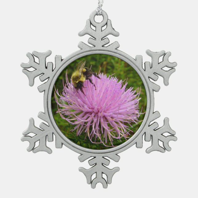 Bee on Thistle Flower Nature Snowflake Pewter Christmas Ornament (Front)