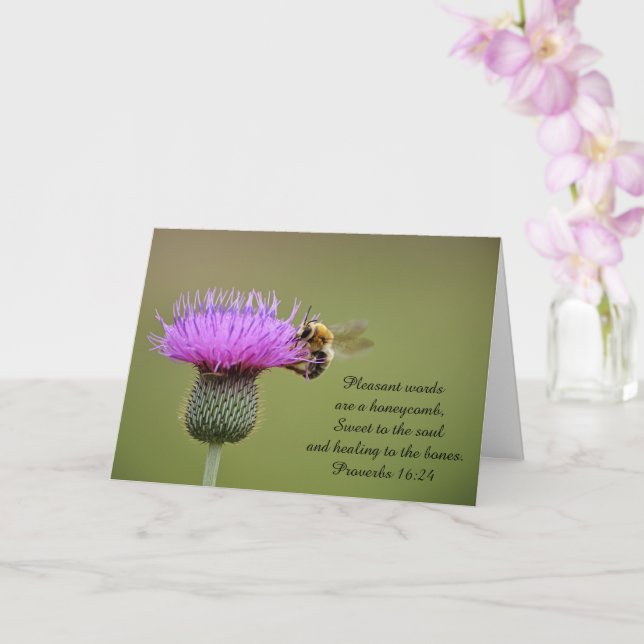 Bee on Thistle Thinking of you card with Scripture (Orchid)