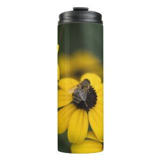 bee on top of the yellow flower thermal tumbler
