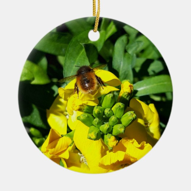 Bee on Yellow Flowers Ceramic Tree Decoration (Front)
