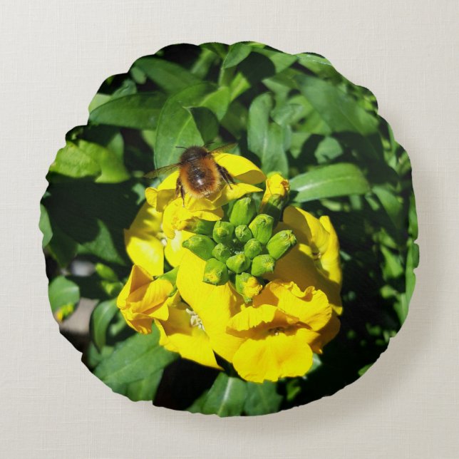 Bee on Yellow Flowers Round Cushion (Front)