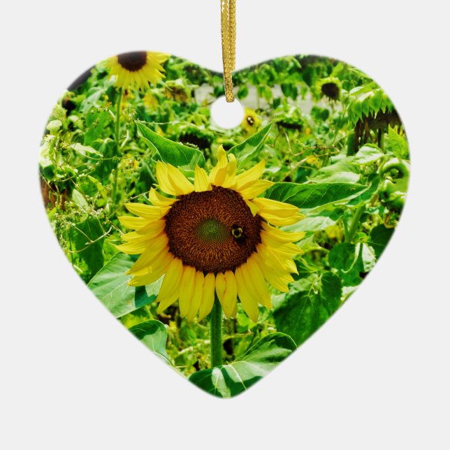 Bee on yellow Sunflower Ceramic Tree Decoration (Front)