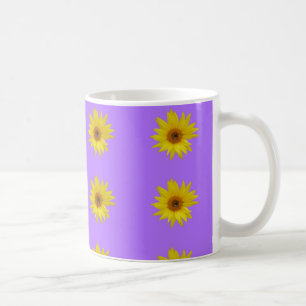 Bee on yellow sunflower on purple coffee mug