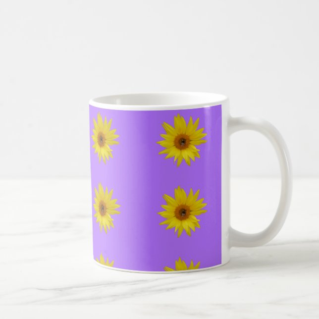 Bee on yellow sunflower on purple coffee mug (Right)