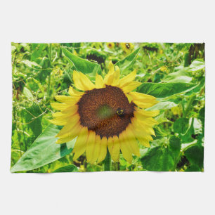 Bee on yellow Sunflower Tea Towel