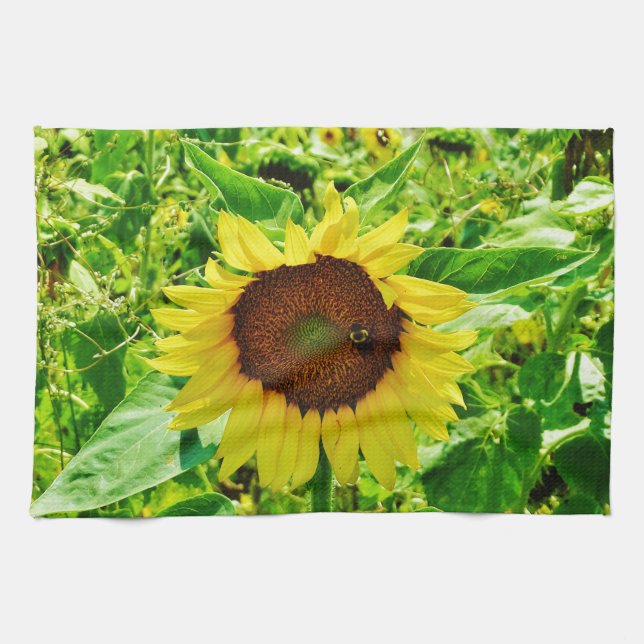 Bee on yellow Sunflower Tea Towel (Horizontal)
