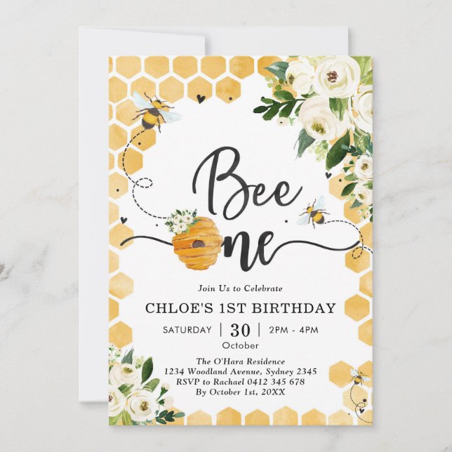 Bee One Honey Bee Floral 1st Birthday Invitation (Front)