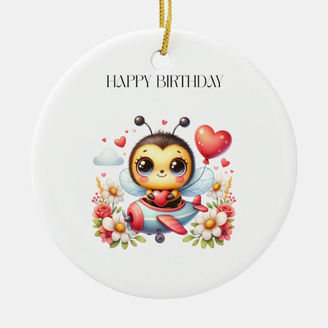 Bee Pilot Birthday Ceramic Tree Decoration (Front)
