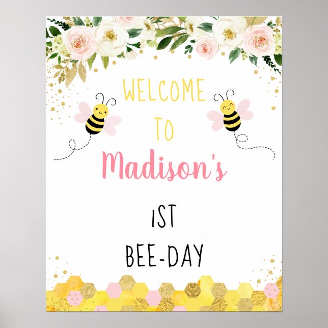 Bee Pink Gold Floral Birthday Bee-Day Welcome Poster (Front)