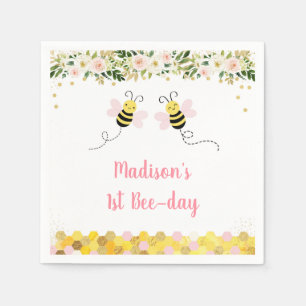 Bee Pink Gold Floral Birthday Napkin