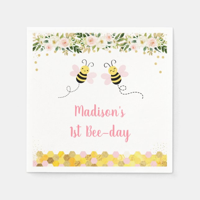 Bee Pink Gold Floral Birthday Napkin (Front)