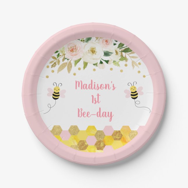 Bee Pink Gold Floral Birthday Paper Plate (Front)