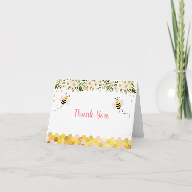Bee Pink Gold Floral Birthday Thank You Card (Front)
