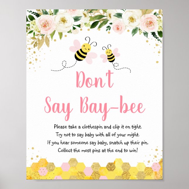 Bee Pink Gold Floral Don't Say Baby Game Poster (Front)