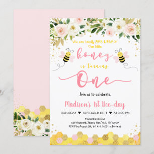 Bee Pink Gold Floral Girl First Birthday Invitation