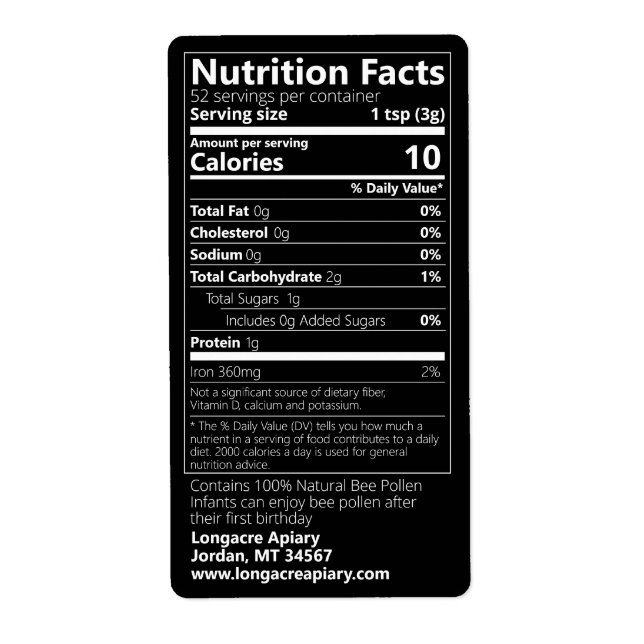 Bee Pollen Nutrition Facts Black Product (Front)