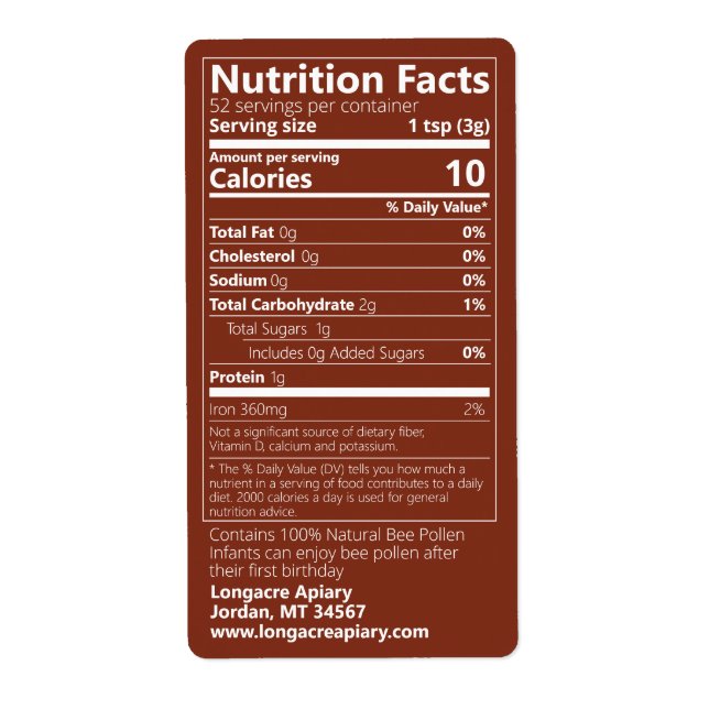 Bee Pollen Nutrition Facts Dark Amber Label (Front)