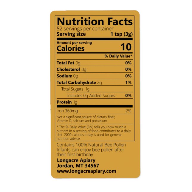 Bee Pollen Nutrition Facts Light Amber Label (Front)