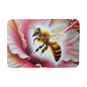Bee Pollinating a Blooming Hibiscus Flower Bath Mat
