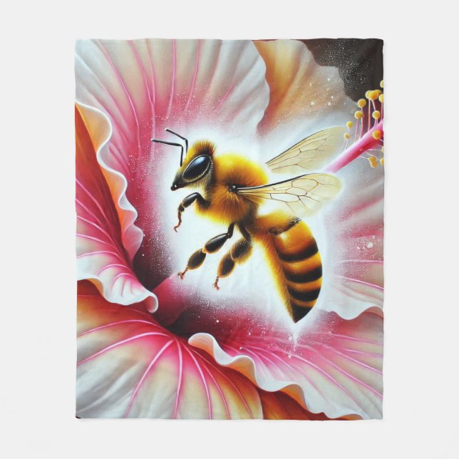 Bee Pollinating a Blooming Hibiscus Flower Fleece Blanket (Front)