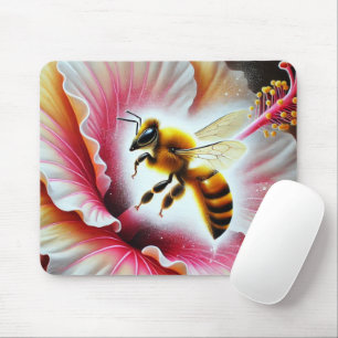 Bee Pollinating a Blooming Hibiscus Flower Mouse Mat