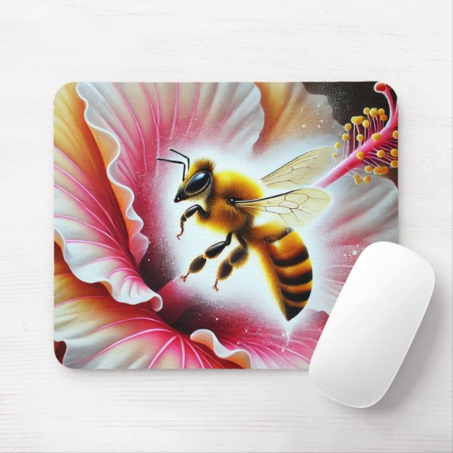 Bee Pollinating a Blooming Hibiscus Flower Mouse Mat (With Mouse)