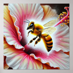 Bee Pollinating a Blooming Hibiscus Flower Poster