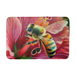 Bee Pollinating a Vibrant Hibiscus Flower Bath Mat