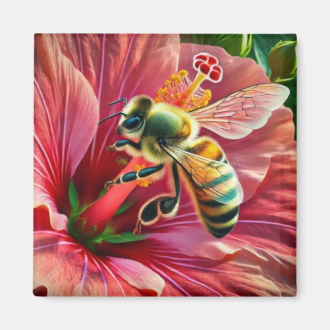 Bee Pollinating a Vibrant Hibiscus Flower  Magnet (Front)