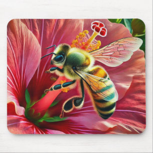 Bee Pollinating a Vibrant Hibiscus Flower Mouse Mat