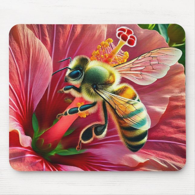 Bee Pollinating a Vibrant Hibiscus Flower  Mouse Mat (Front)