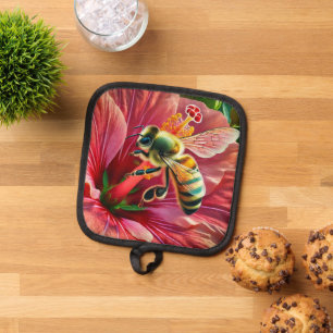 Bee Pollinating a Vibrant Hibiscus Flower Pot Holder