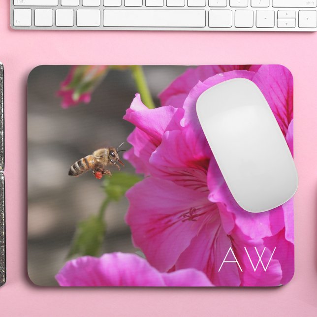 Bee Pollinating Pink Floral Monogram Mouse Mat (Creator Uploaded)