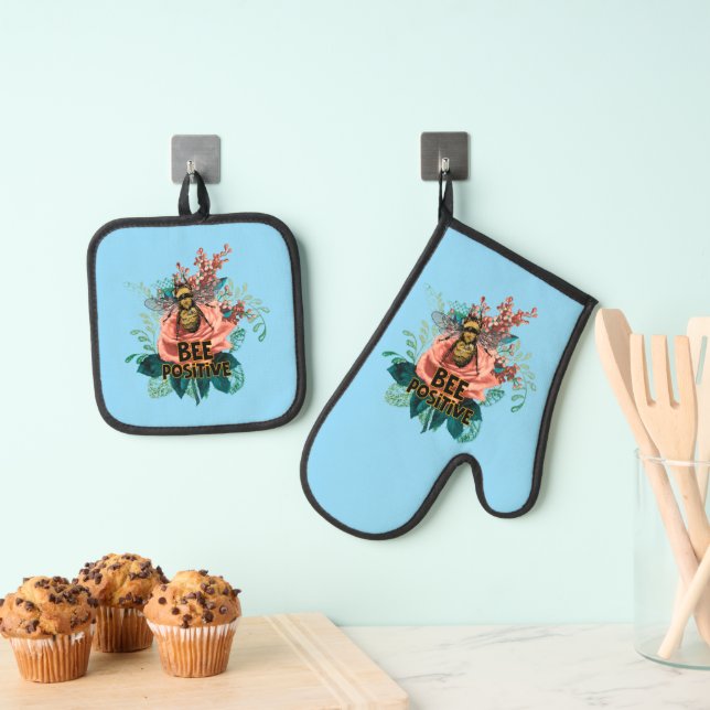 Bee Positive Floral Vibes Drawstring Bag Oven Mitt & Pot Holder Set (Insitu(Hanging))